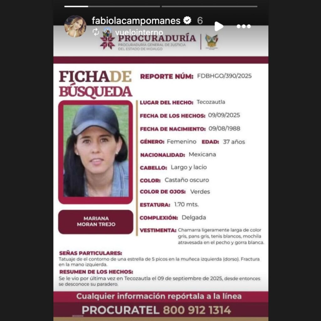 Fabiola Campomanes denuncia desaparición de su prima en Hidalgo