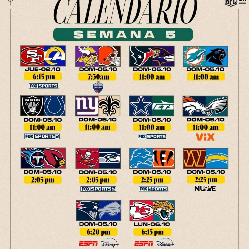 calendario semana 5 de la nfl 2025