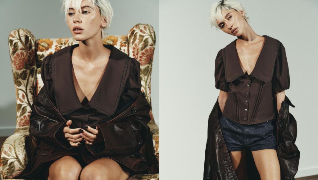 Camisa café de cuello bobo Zara 2025