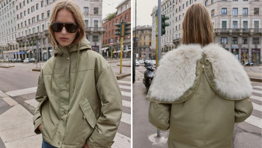 Cazadora corta con capucha efecto pelo de Zara