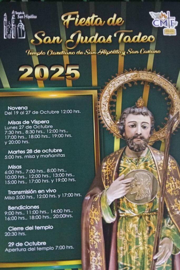 horarios de misas de san judas tadeo en templo de san hipolito hoy 28 de octubre
