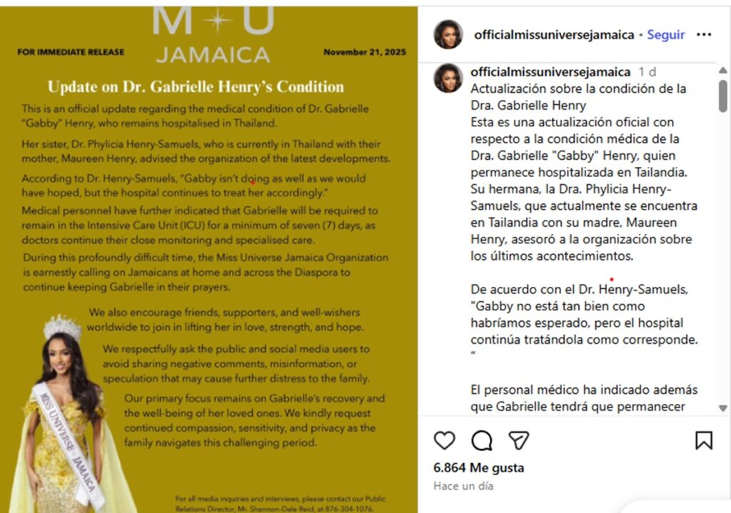 estado de salud de Gabrielle Herny Miss Jamaica