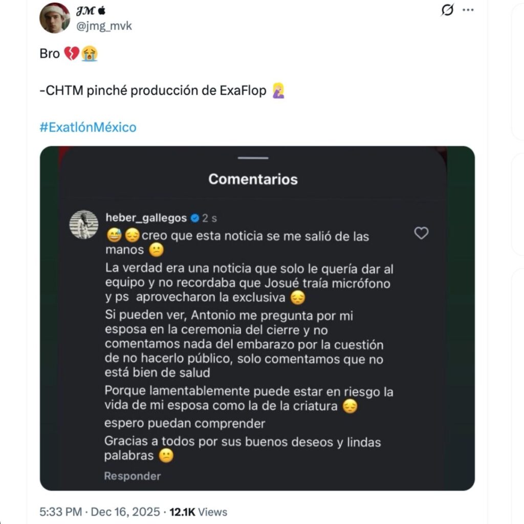 produccion de exatlon mexico filtra embarazo de riesgo de la pareja de heber gallegos