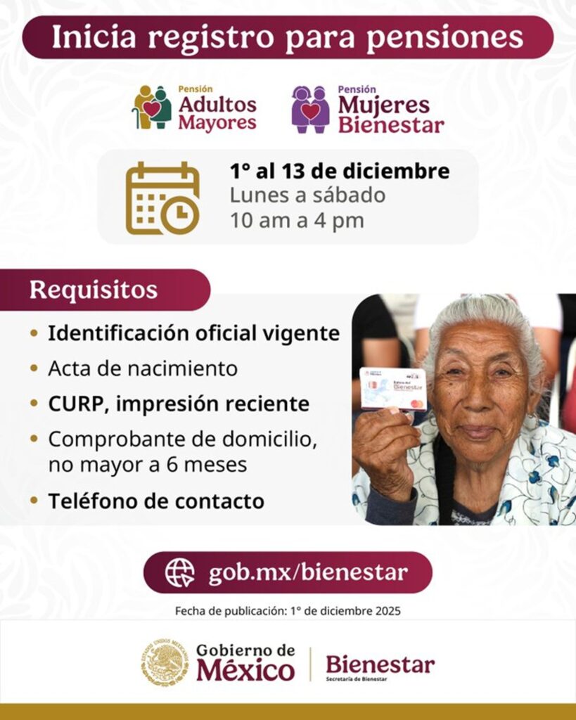 Registro Pensión Mujeres Bienestar y Adulto Mayor inscripción de diciembre 2025