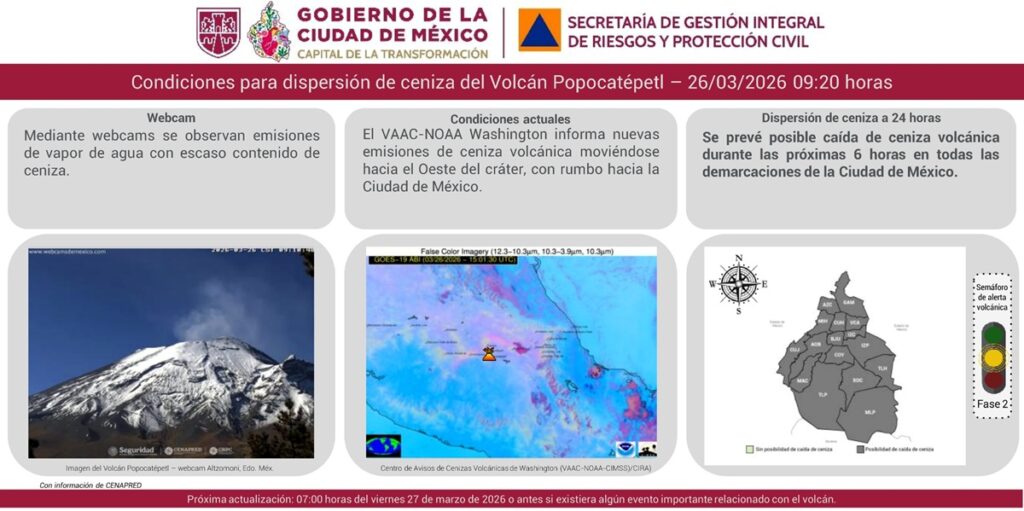 alertan sobre caída de ceniza volcánica en CDMX hoy 26 de marzo