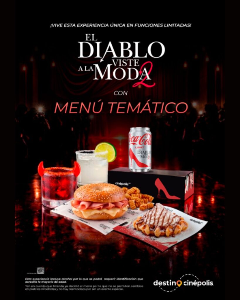 Menú temático de El diablo viste a la moda 2 en Cinépolis